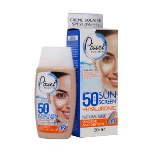 کرم ضد آفتاب SPF50 بژ طبیعی  پیکسل مناسب پوست خشک و حساس 50 میلی لیتر